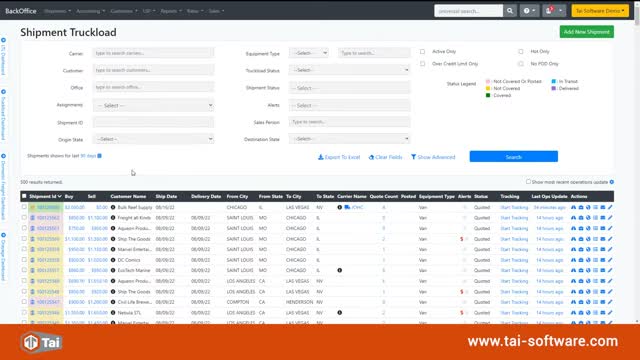 Tai TMS shipment truckload search screen with a results table showing buy and sell rates and shipment status
