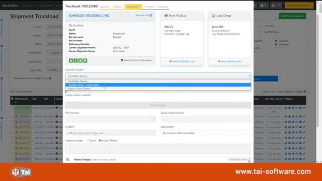 Tai TMS truckload detail modal showing the carrier, pickup and drop information, and a shipment tracker dropdown