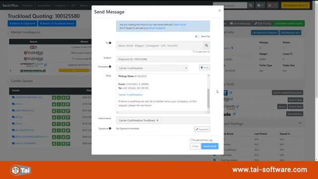 Tai TMS send message dialog with a carrier confirmation email template pre-filled with pickup and delivery details