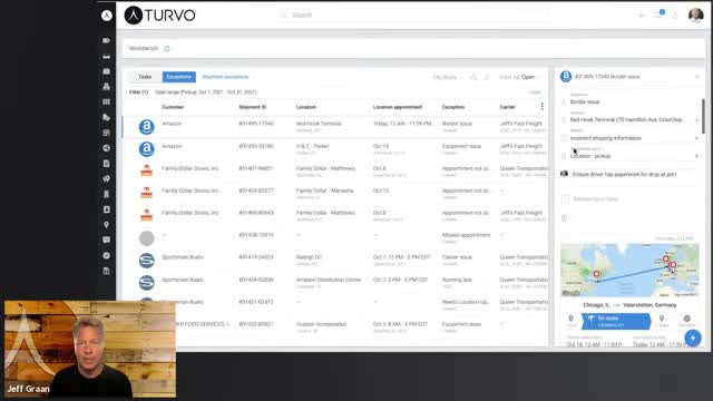 Turvo workbench exceptions list showing shipments with border and appointment issues by customer and carrier