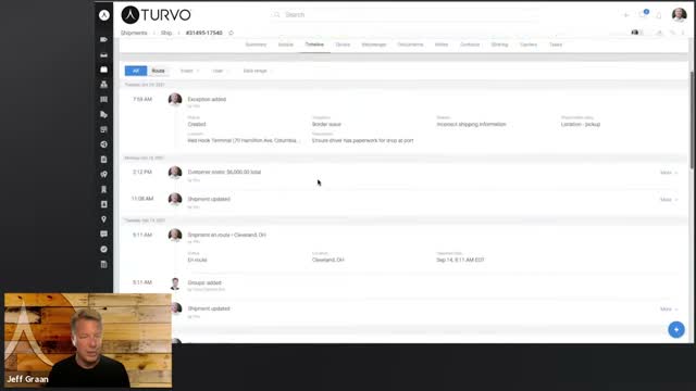 Turvo shipment timeline showing a full activity history including exceptions, updates, and route changes