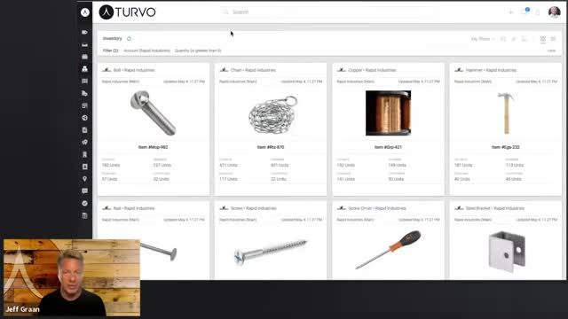 Turvo inventory grid showing tracked items such as bolts, chain, copper, and hardware with unit counts