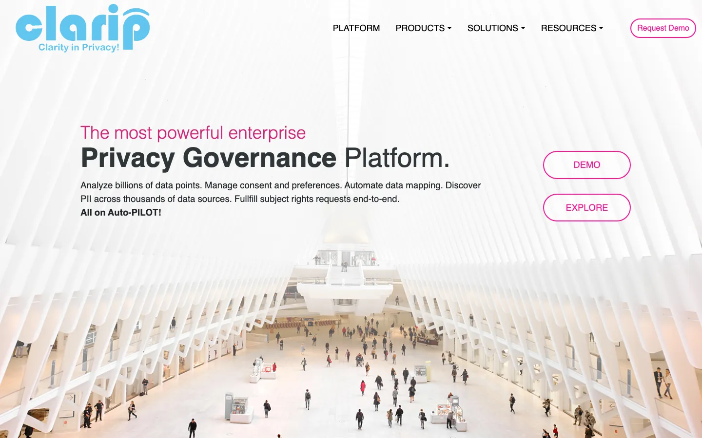 Clarip privacy governance platform homepage showing consent, data mapping, and PII discovery tools
