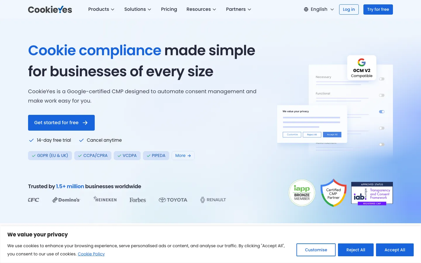 CookieYes cookie consent management platform homepage showing banner and compliance tools