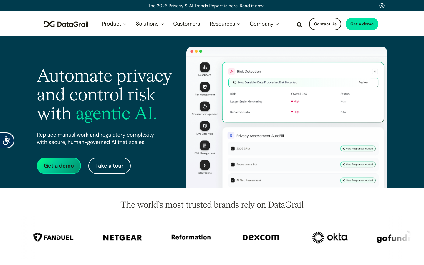 DataGrail data privacy platform homepage showing Live Data Map and risk intelligence features