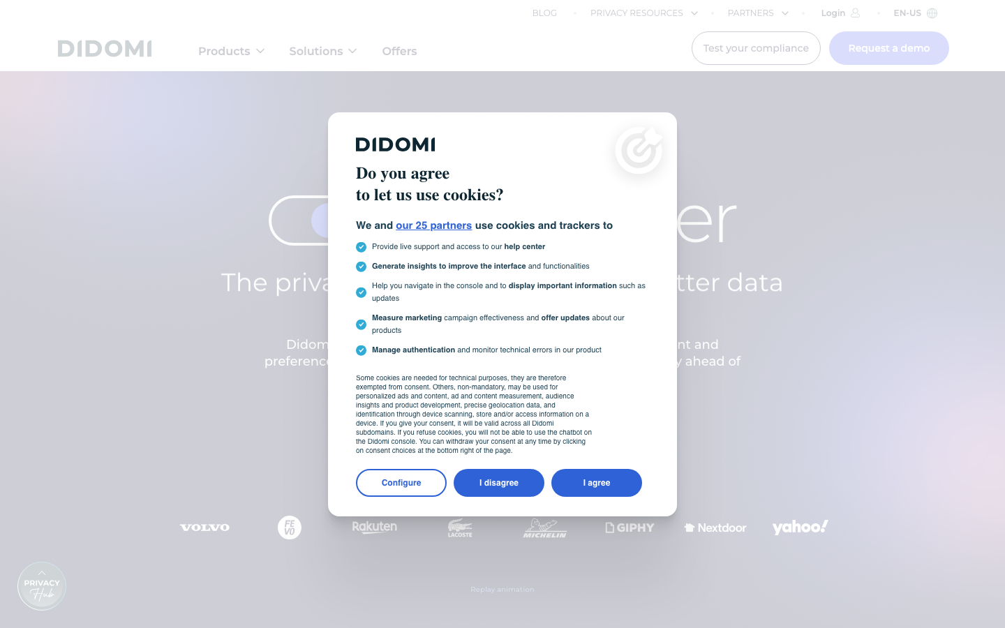 Didomi Global Privacy UX Solutions homepage showing multi-regulation consent management