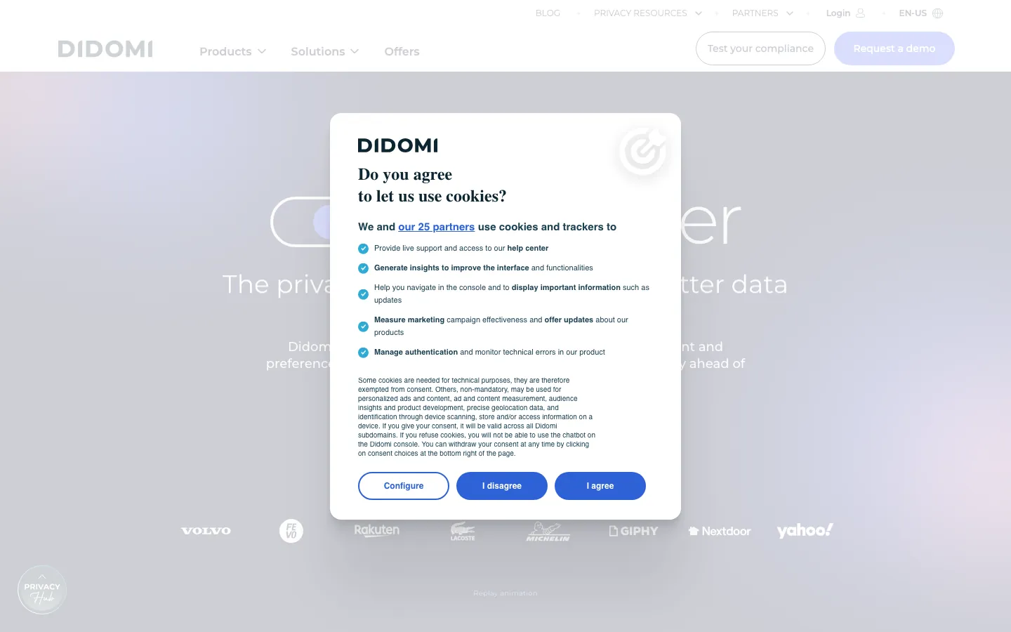 Didomi Global Privacy UX Solutions homepage showing multi-regulation consent management