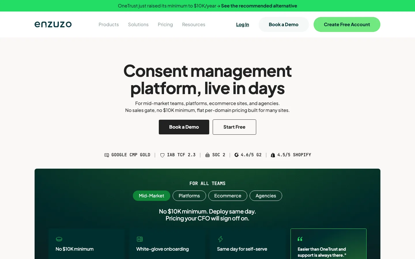 Enzuzo privacy management platform homepage showing policy and consent management tools