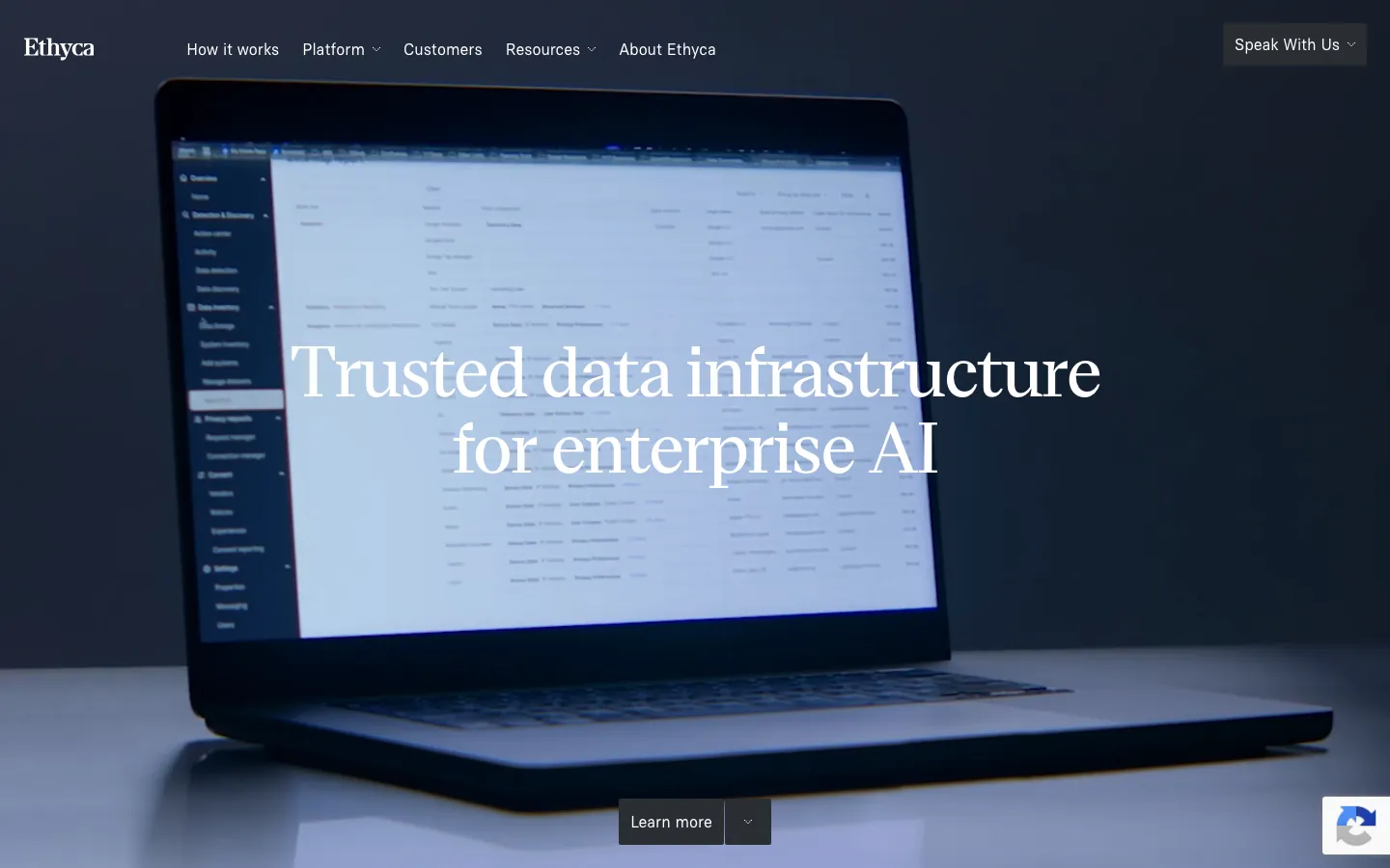 Ethyca trusted data infrastructure homepage showing data inventory and privacy request management
