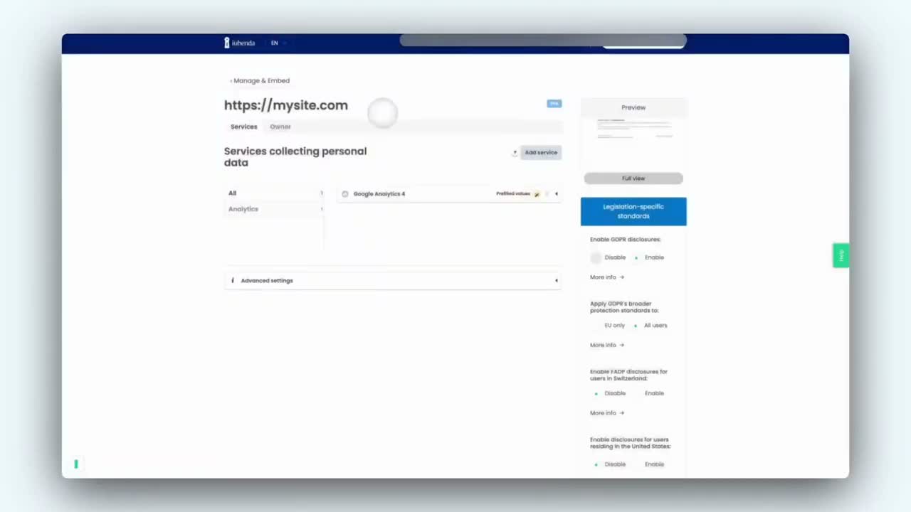 iubenda cookie consent setup showing banner configuration and cookie scanning results