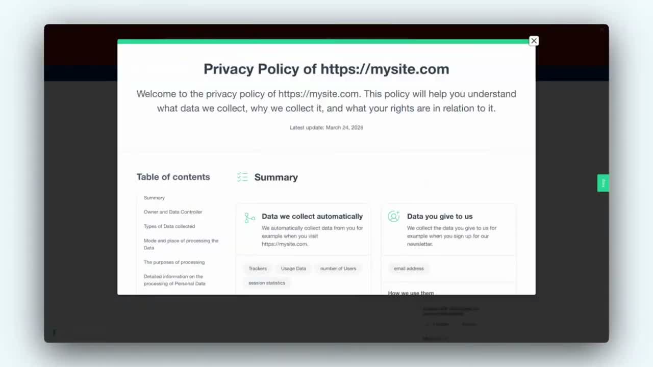iubenda compliance dashboard overview showing policy status and cookie consent coverage