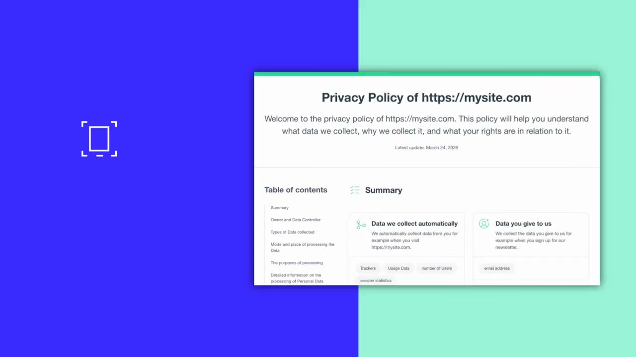 iubenda policy preview and settings showing published privacy policy and update configuration