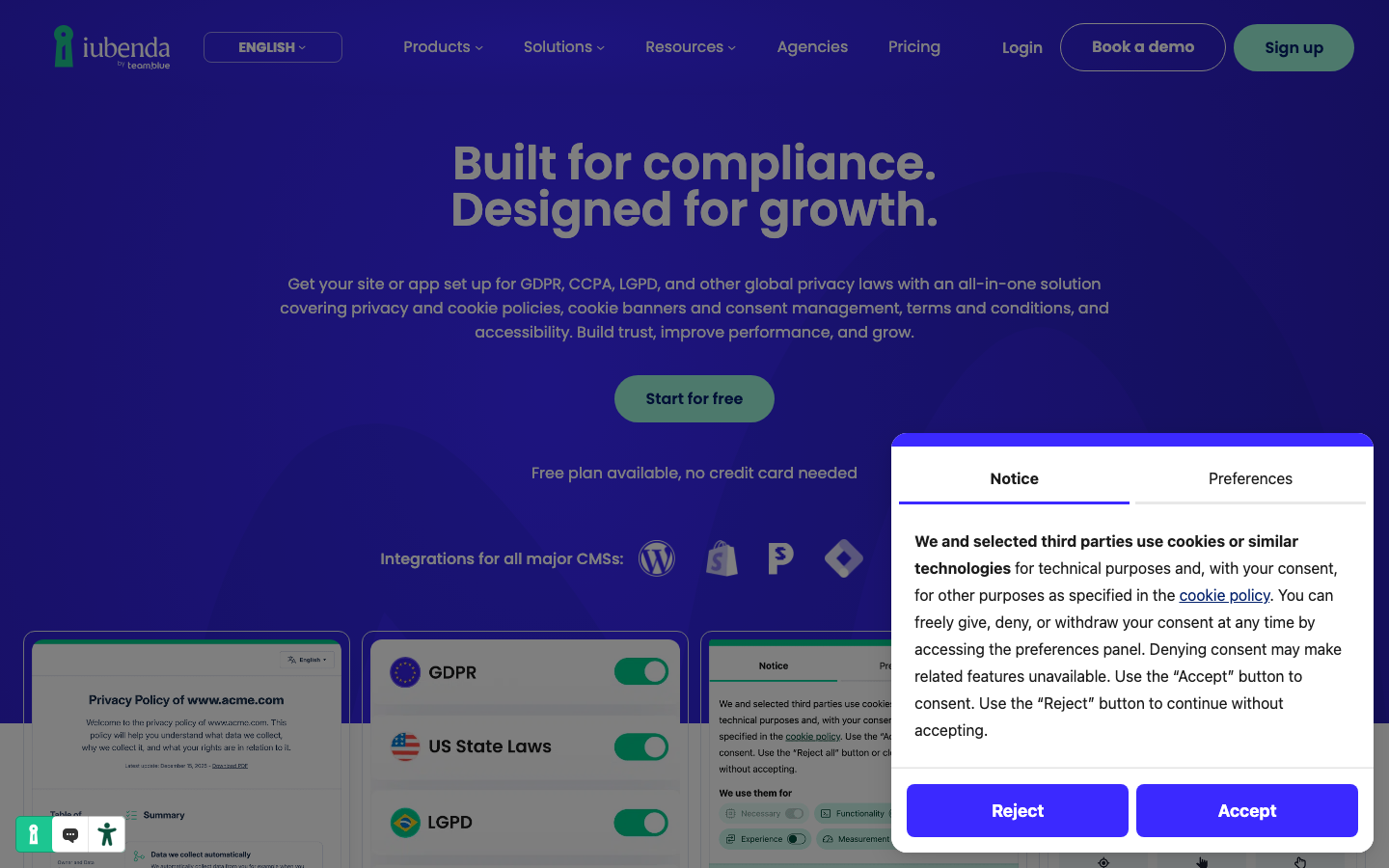iubenda digital compliance suite homepage showing privacy policy and cookie consent tools