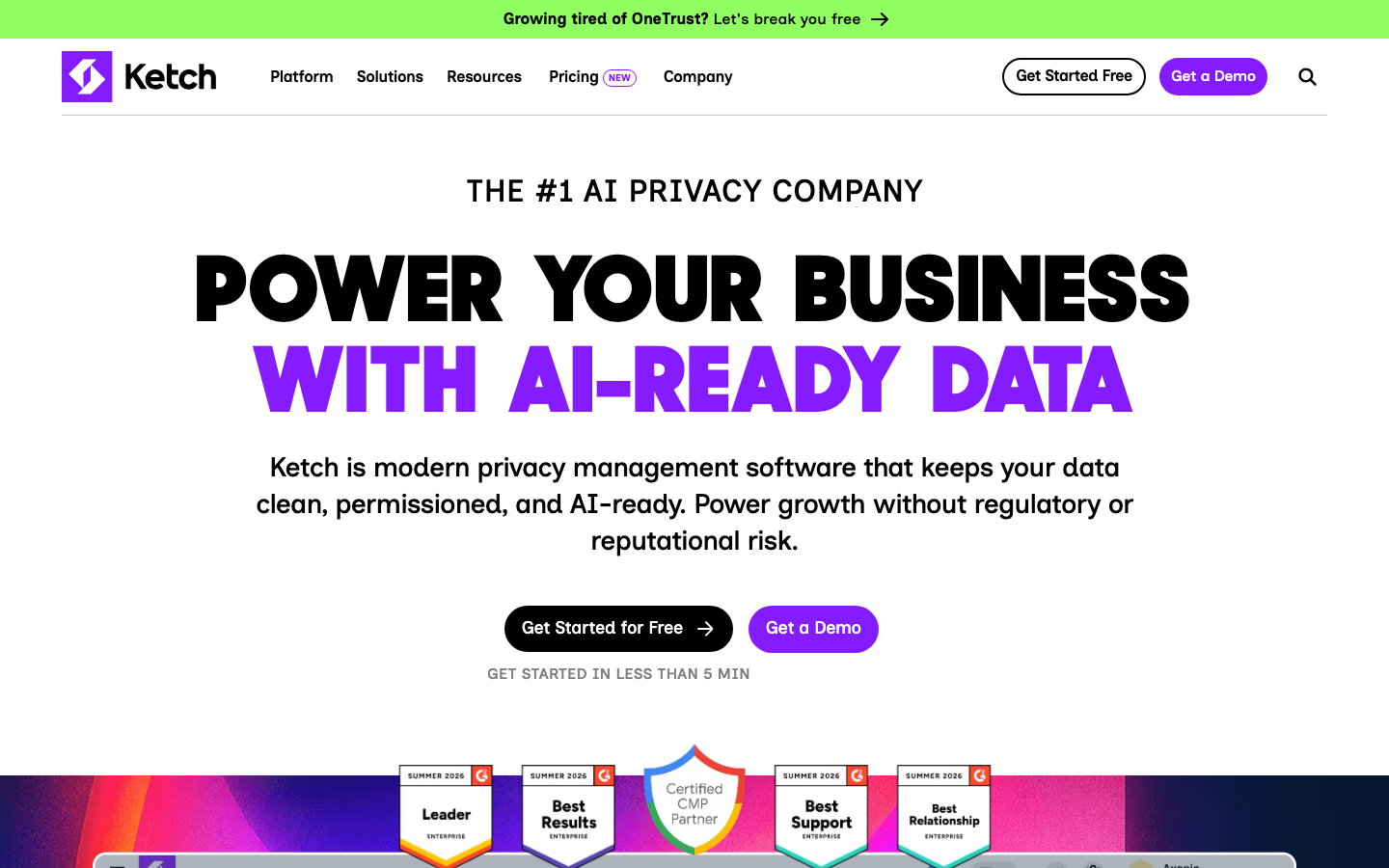 Ketch data permissioning platform homepage showing consent and preference management tools