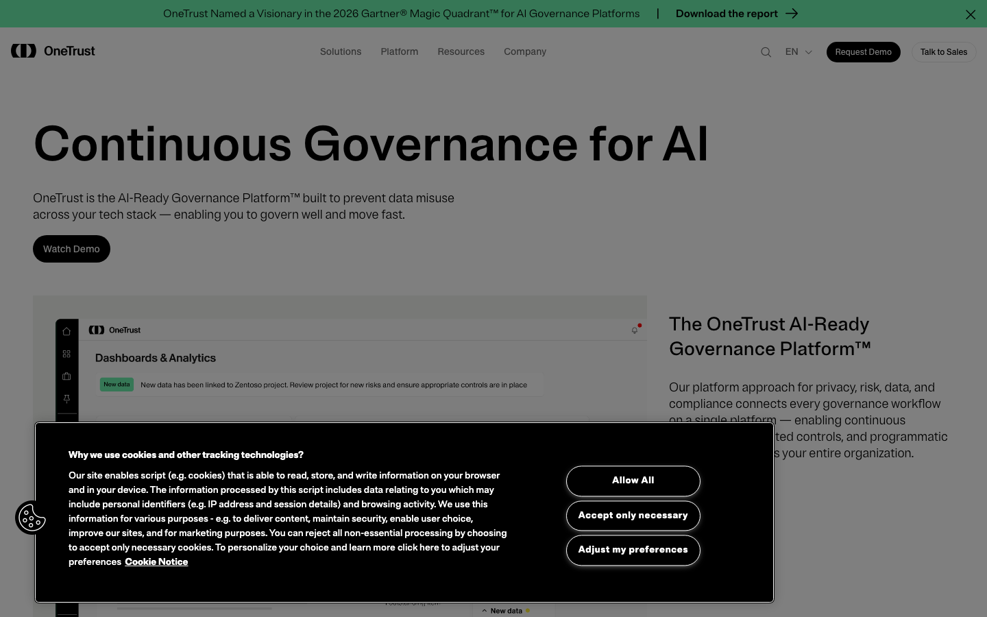 OneTrust AI-Ready Governance Platform homepage showing dashboards and analytics module