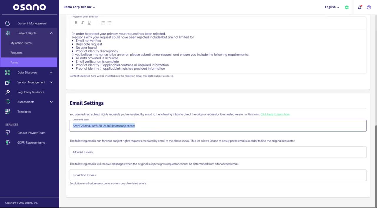 Osano subject rights request portal showing GDPR DSAR intake form and request tracking dashboard