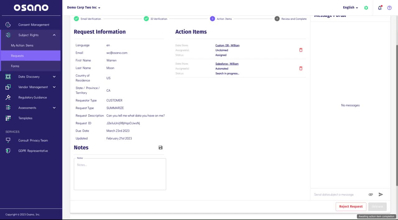 Osano DSAR workflow automation showing automated routing and fulfillment of data subject requests