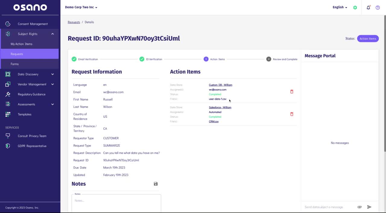 Osano request fulfillment tracking showing completion status for active data subject access requests