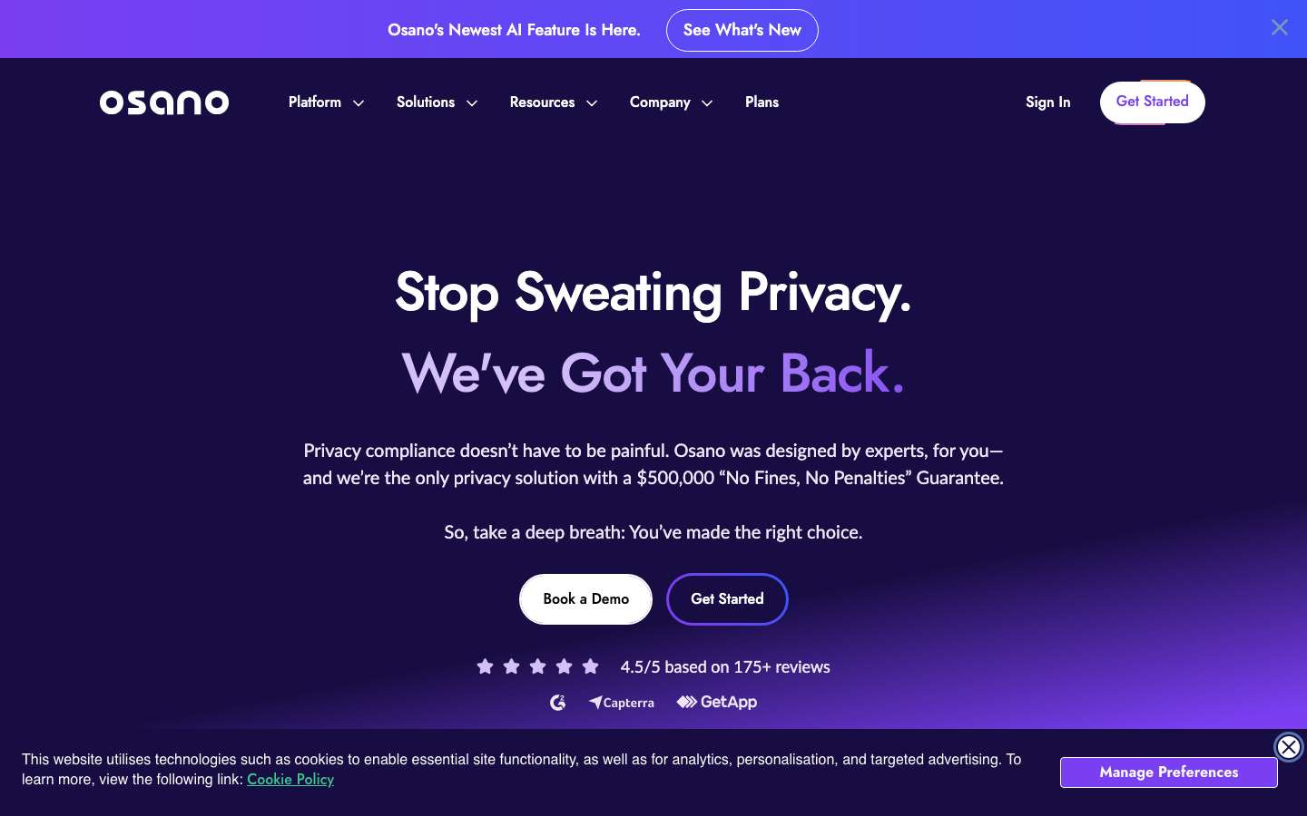 Osano data privacy management platform homepage showing consent and assessment tools