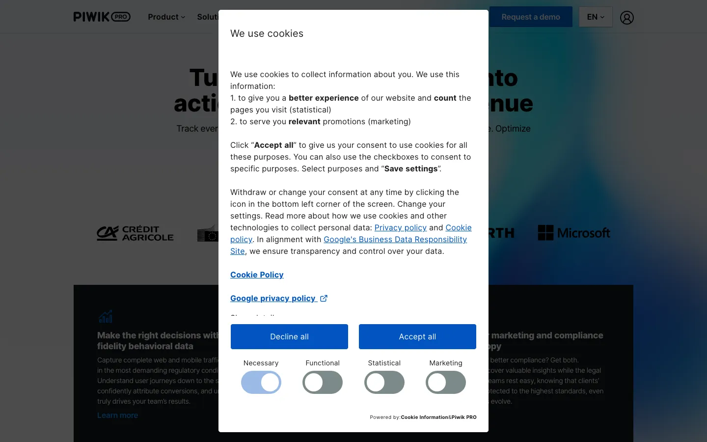Piwik PRO analytics suite homepage showing privacy-compliant analytics and consent manager tools