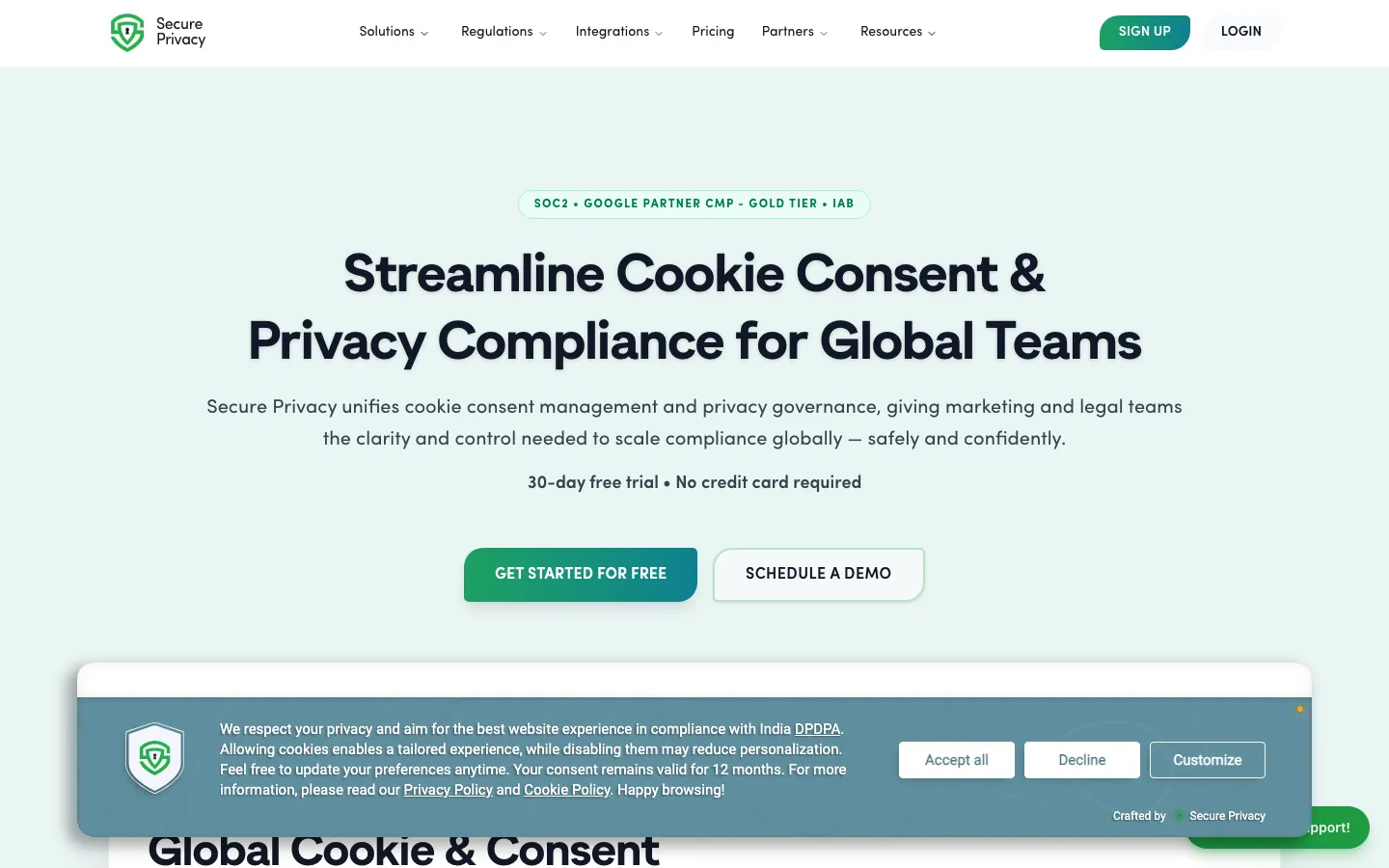 Secure Privacy consent management platform homepage showing GDPR compliance scanning tools