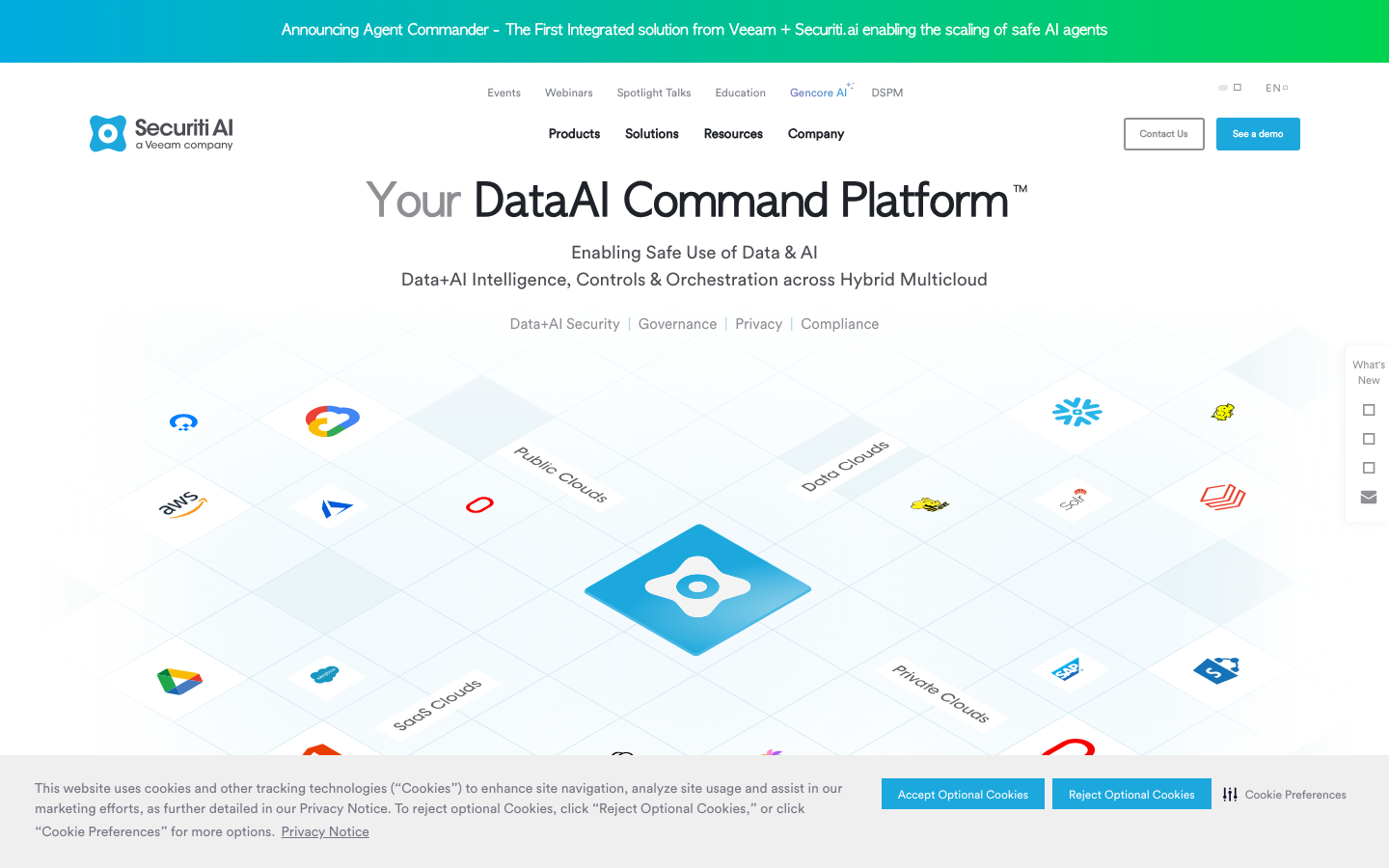 Securiti Data Command Center homepage showing AI governance and data security platform