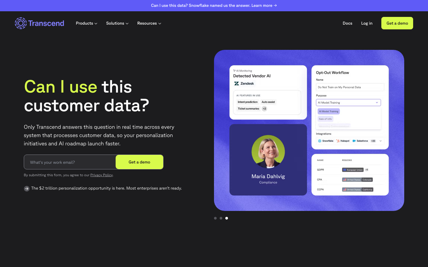 Transcend privacy and AI governance platform homepage showing DSR automation dashboard