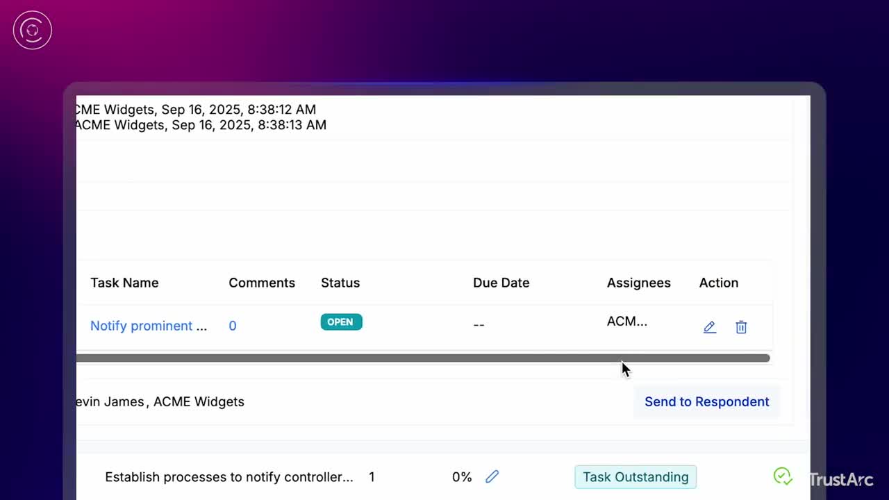 TrustArc privacy program assessment view showing maturity scores and compliance gap analysis