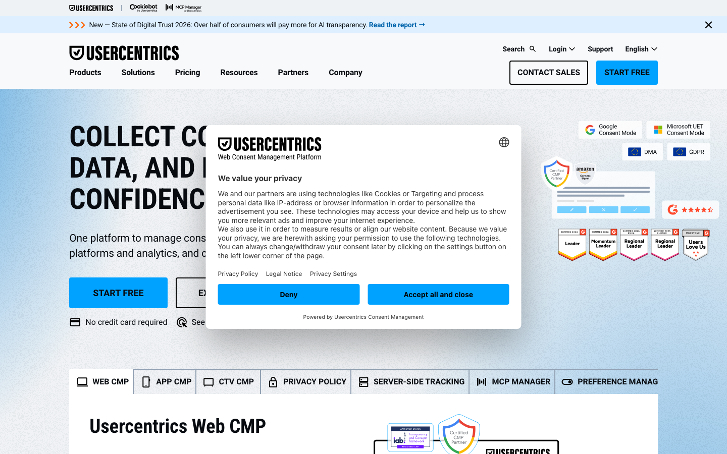 Usercentrics consent management platform homepage showing compliance dashboard