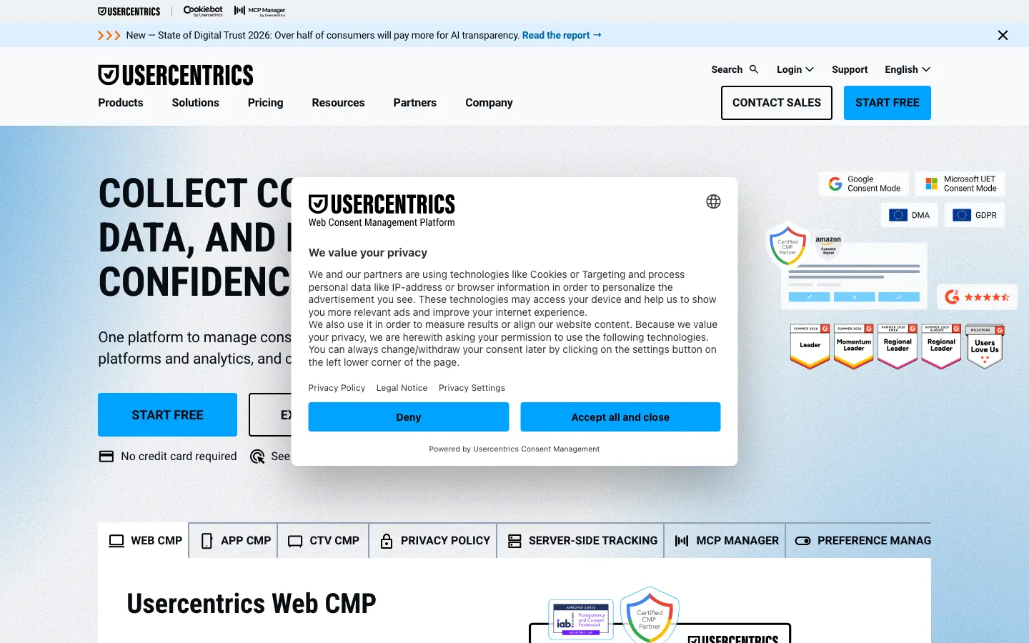 Usercentrics consent management platform homepage showing compliance dashboard