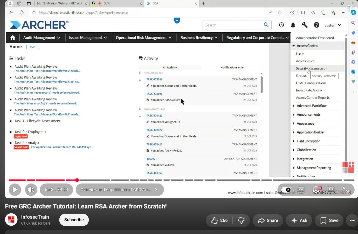 Archer GRC home dashboard showing an audit plan task list and recent task-management activity feed
