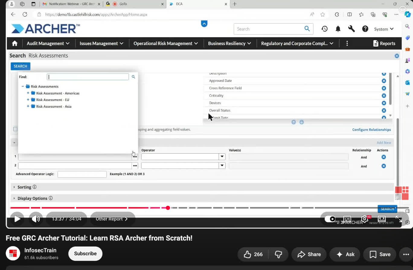Archer Search Risk Assessments screen with a record-type picker for Risk Assessment - Americas, EU, and Asia and an advanced query builder