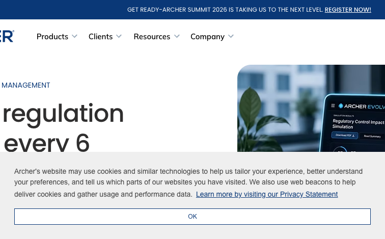 Archer GRC homepage showing regulatory change management and Archer Evolv AI platform