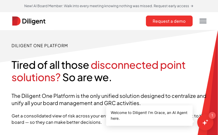 Diligent One Platform product page showing AI-powered full-suite GRC and internal audit workspace