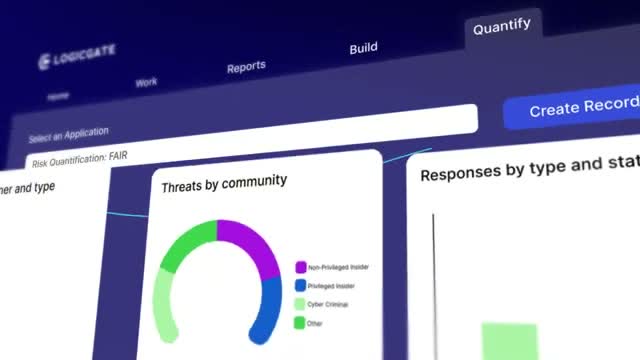 LogicGate Risk Cloud app screen showing the Quantify tab with risk quantification and threats by community charts