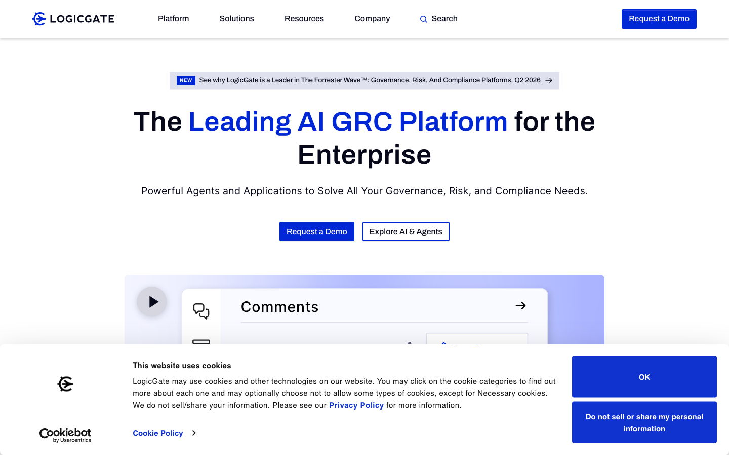 LogicGate Risk Cloud homepage showing no-code risk and compliance workflow platform