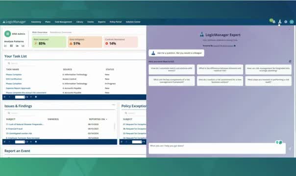 LogicManager risk library screen for an accountability risk showing a plans impact-likelihood matrix