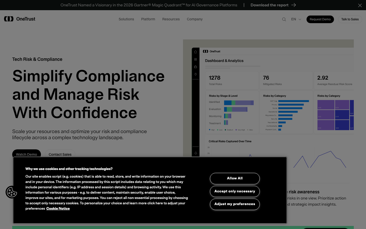 OneTrust Tech Risk and Compliance solutions page showing GRC and third-party risk workflow