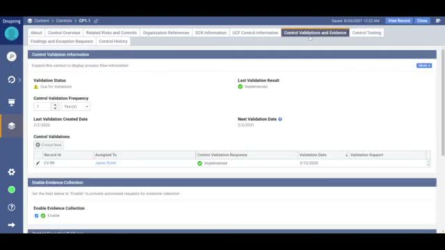 Onspring control validations and evidence screen showing validation status and control testing history