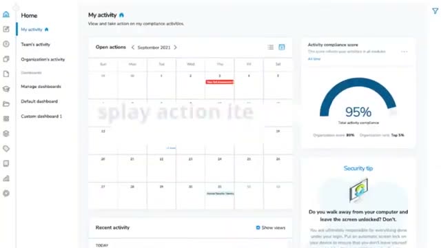 Ostendio MyVCM activity screen showing an activity compliance score of 95 percent and an open actions calendar