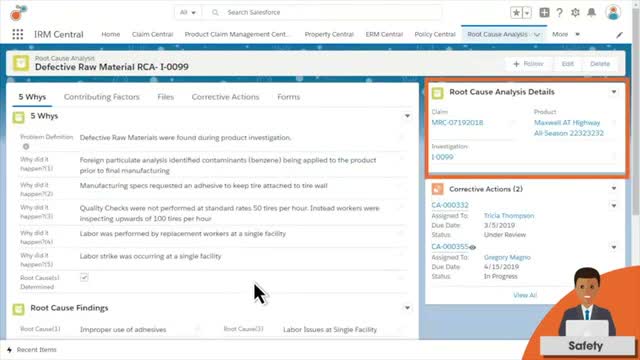 Riskonnect root cause analysis screen for a defective raw material claim showing five whys and corrective actions