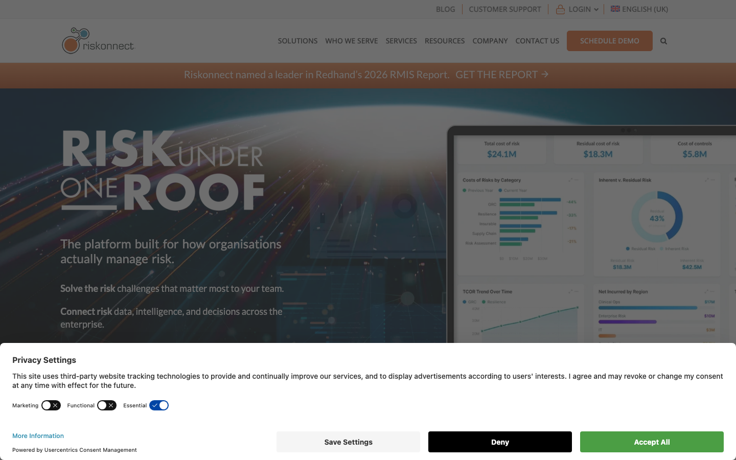 Riskonnect integrated risk management homepage showing multi-domain risk platform built on Salesforce