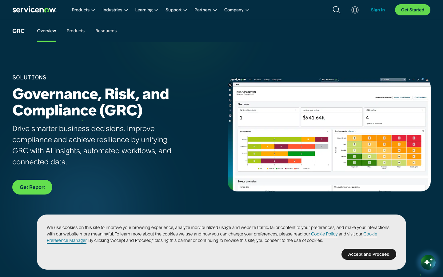 ServiceNow Governance Risk and Compliance product page showing integrated risk management workspace