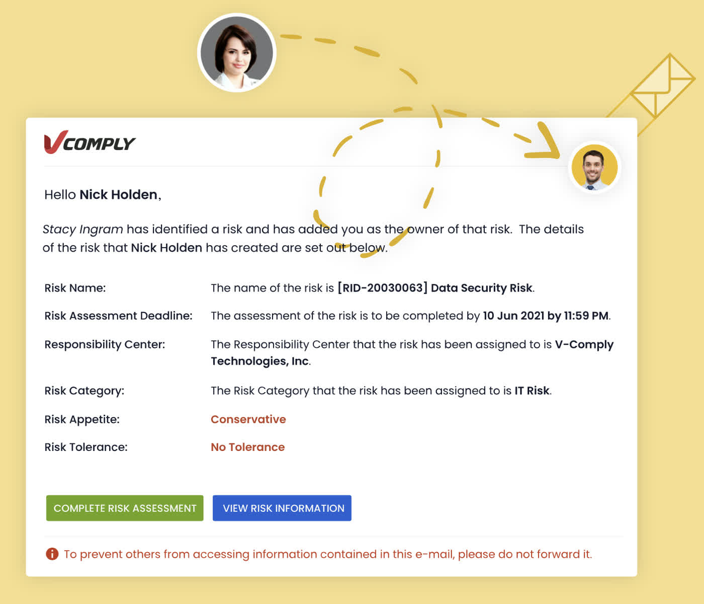 VComply branded risk notification email showing a data security risk assigned to a team member with risk appetite
