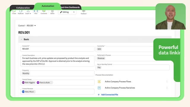 Workiva control detail screen for a SOX revenue pricing control showing owner, reviewer and connected documentation