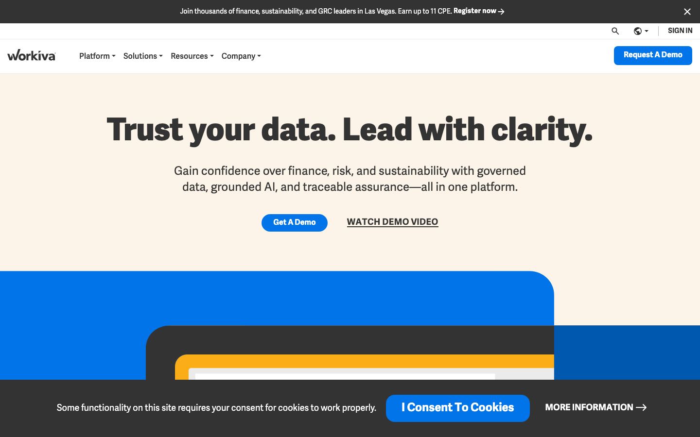 Workiva platform homepage showing connected reporting and governance risk compliance workspace