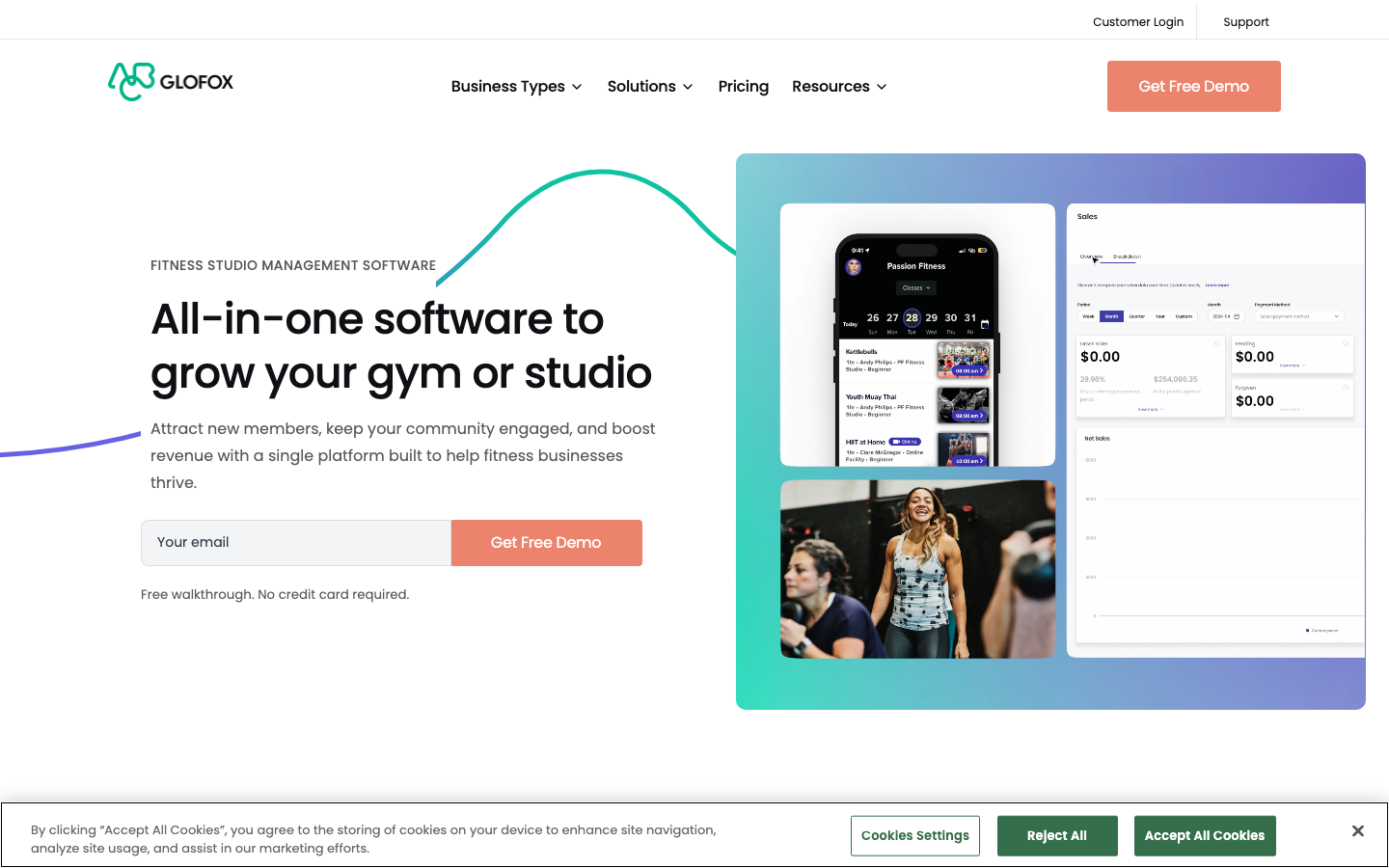 ABC Glofox gym and studio management platform homepage showing branded app and class management features