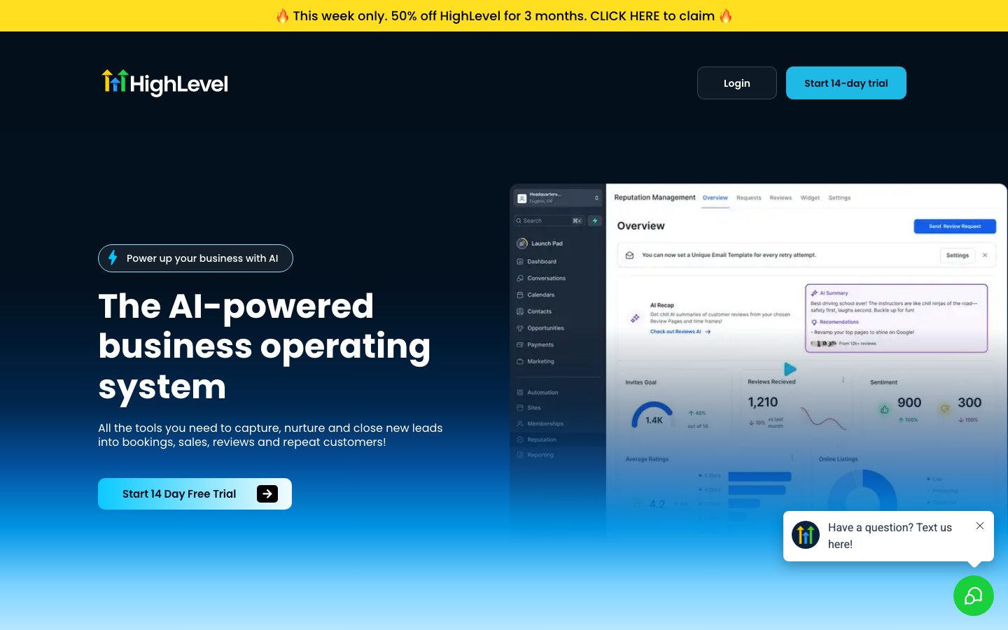 GoHighLevel CRM and marketing automation dashboard showing pipeline, automation workflows, and lead management