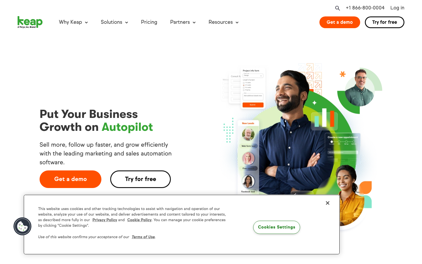 Keap CRM and marketing automation platform homepage showing contact management and automated follow-up workflows