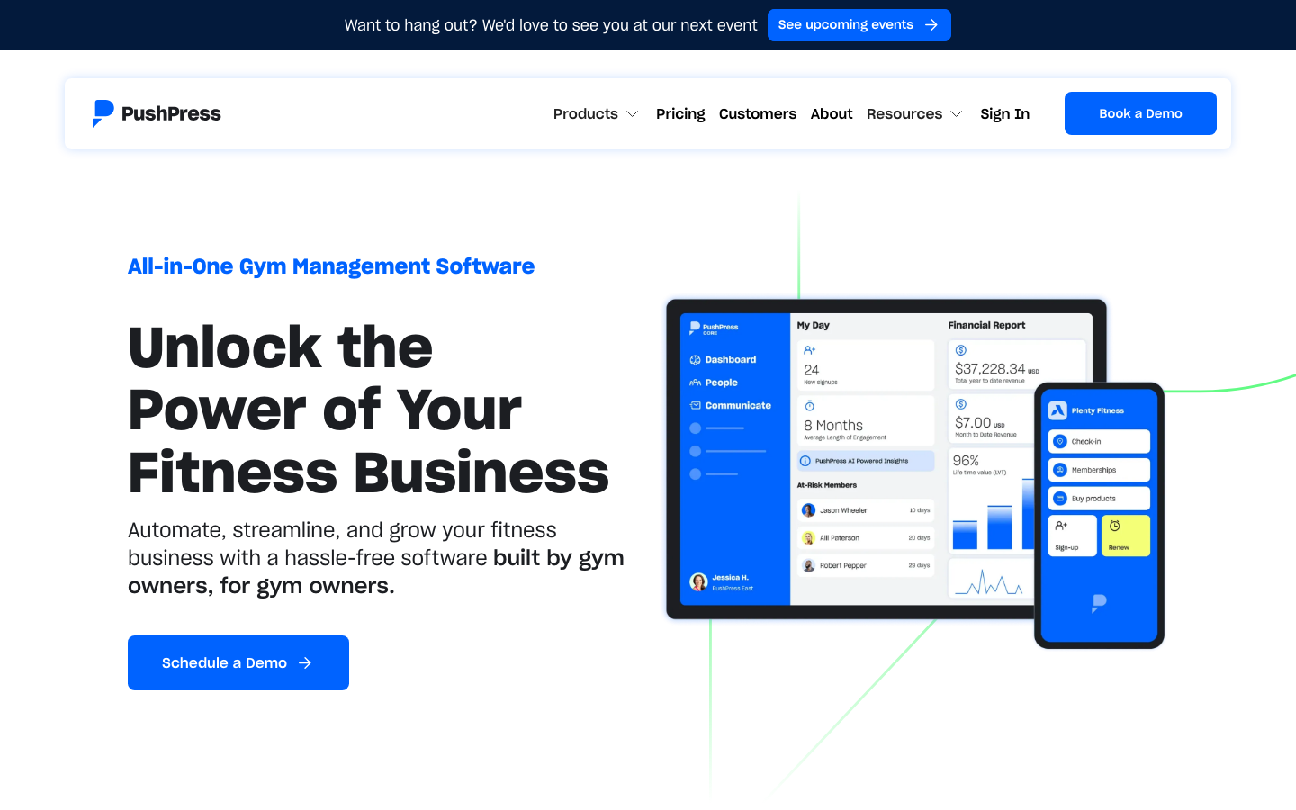 PushPress gym management dashboard showing AI assistant with member check-in data and at-risk member alerts